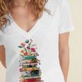 Book Stack With Flowers Reading Lover Bookish Women's Jersey Short Sleeve Deep V-Neck Tshirt