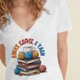 “Books Coffee & Yarn Enthusiast Cozy Reader Women's Jersey Short Sleeve Deep V-Neck Tshirt