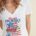 Books Fireworks And Freedom 4th Of July Book Lover Women's Jersey Short Sleeve Deep V-Neck Tshirt