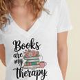 Books Are My Therapy Coffee Books Flowers Bookish Book Lover Women's Jersey Short Sleeve Deep V-Neck Tshirt