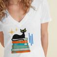 Cat And Books Retro Midcentury Mid Century Aesthetic Women's Jersey Short Sleeve Deep V-Neck Tshirt