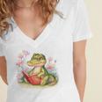 Crocodile Reading Book Watercolor Flowers Kids Women's Jersey Short Sleeve Deep V-Neck Tshirt