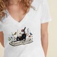 Cute Cat Flower Garden Book Kitty Reading Floral Men Women Girls Kids Women's Jersey Short Sleeve Deep V-Neck Tshirt