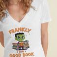 Cute Halloween Teacher Librarian Frankenstein Reading Books Women's Jersey Short Sleeve Deep V-Neck Tshirt