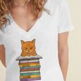 Cute Orange Tabby Cat Reading On Pile Of Books Women's Jersey Short Sleeve Deep V-Neck Tshirt