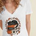 Fall Book Teacher Cat Books Halloween Autumn Librarian Women's Jersey Short Sleeve Deep V-Neck Tshirt