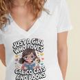 Kawaii Cat And Books Just A Girl Who Loves Both Women's Jersey Short Sleeve Deep V-Neck Tshirt