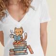 Kawaii Cat Coffee Books Teacher Men Women Girls Kids Women's Jersey Short Sleeve Deep V-Neck Tshirt
