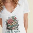Leer ES Poder Cute Floral Spanish Teacher Book Reading Women's Jersey Short Sleeve Deep V-Neck Tshirt
