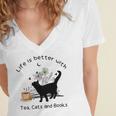 Life Is Better With Tea Cats And Books Cat Sayings Women's Jersey Short Sleeve Deep V-Neck Tshirt Life Is Better With Tea Cats And Books Cat Sayings Women's Jersey Short Sleeve Deep V-Neck Tshirt