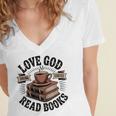 Love God Drink Coffee Read Books – Vintage Spiritual Reading Women's Jersey Short Sleeve Deep V-Neck Tshirt