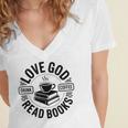 Love God Drink Coffee Read Books Christian Book Lover Women's Jersey Short Sleeve Deep V-Neck Tshirt