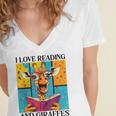 Love Reading And Giraffes Cute Giraffe Reading Book Lovers Women's Jersey Short Sleeve Deep V-Neck Tshirt