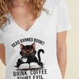 Read Banned Books Drink Coffee Fight Evil Retro Cat Women's Jersey Short Sleeve Deep V-Neck Tshirt