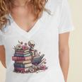Reading A Book Per Day Keeps Reality Away Skeleton Books Women's Jersey Short Sleeve Deep V-Neck Tshirt