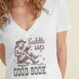 Retro Cowgirl ReadingTee Saddle Up With A Good Book Western Women's Jersey Short Sleeve Deep V-Neck Tshirt