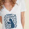 Sorry I'm Booked Cat Reading Book Boho Flowers Vintage Women's Jersey Short Sleeve Deep V-Neck Tshirt