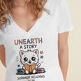 Unearth a Story Cute Kitten Summer Reading 2026 Cat Book Women's Jersey Short Sleeve Deep V-Neck Tshirt