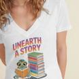Unearth A Story Cute Turtle Reading Books Librarian Women's Jersey Short Sleeve Deep V-Neck Tshirt