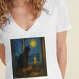 Van Gogh Starry Night Art Cat And Book Lovers Women's Jersey Short Sleeve Deep V-Neck Tshirt Van Gogh Starry Night Art Cat And Book Lovers Women's Jersey Short Sleeve Deep V-Neck Tshirt
