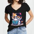 Adorable Book Lover Calico Cat With Reading Glasses Cute For Men Women Kids Women's Jersey Short Sleeve Deep V-Neck Tshirt