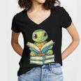 Adorable Turtle Reading Books Women's Jersey Short Sleeve Deep V-Neck Tshirt