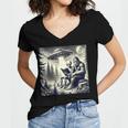 Bigfoot With Alien Reading A Book Bigfoot And UFO Women's Jersey Short Sleeve Deep V-Neck Tshirt