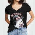 Boo Ghost Books Coquette Bow Halloween Women School Teacher Women's Jersey Short Sleeve Deep V-Neck Tshirt