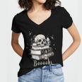 Boo Skeleton Skull Books Halloween Women School Teacher Kid Women's Jersey Short Sleeve Deep V-Neck Tshirt