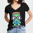 Book Lover Frankenstein's Monster With Reading Glasses Women's Jersey Short Sleeve Deep V-Neck Tshirt