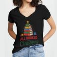 All Booked For Christmas Librarian Reader Xmas Pajama Women's Jersey Short Sleeve Deep V-Neck Tshirt