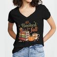 All Booked For Fall Books Coffee Fall Leaves Pumpkins Autumn Women's Jersey Short Sleeve Deep V-Neck Tshirt