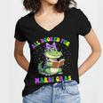 All Booked For Mardi Gras Crocodile Reading Book Teacher Women's Jersey Short Sleeve Deep V-Neck Tshirt