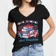 Books Fireworks And Freedom Independence Day Book Lover Women's Jersey Short Sleeve Deep V-Neck Tshirt