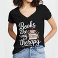 Books Are My Therapy Book Lover Coffee Books Flowers Bookish Women's Jersey Short Sleeve Deep V-Neck Tshirt