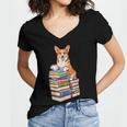 Bookworm Corgi Reading Books Drinking Coffee Dog Lover Women's Jersey Short Sleeve Deep V-Neck Tshirt