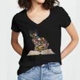 Cat Book Flowers Women's Jersey Short Sleeve Deep V-Neck Tshirt