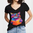 Cat Book Shirt Colorful Cat Reading Book Women's Jersey Short Sleeve Deep V-Neck Tshirt