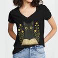 Cat Reading Book Flowers Women's Jersey Short Sleeve Deep V-Neck Tshirt