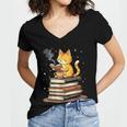 Cat Reading Books Women's Jersey Short Sleeve Deep V-Neck Tshirt