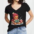 Cozy Gingerbread Christmas Reading Book Xmas Snowflakes Fall Women's Jersey Short Sleeve Deep V-Neck Tshirt
