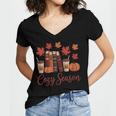 Cozy Season Autumn Leaves Books Pumpkins Fall Halloween Women's Jersey Short Sleeve Deep V-Neck Tshirt