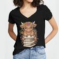 Cute Baby Highland Cow Reading Book Librarian Bookworm Women's Jersey Short Sleeve Deep V-Neck Tshirt