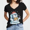 Cute Christmas Penguin Reading Book Cozy Winter Holiday Art Women's Jersey Short Sleeve Deep V-Neck Tshirt