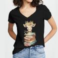 Cute Giraffe With Book Floral Bookworm Librarian Book Lover Women's Jersey Short Sleeve Deep V-Neck Tshirt