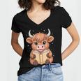 Cute Highland Cow Reading Book Women's Jersey Short Sleeve Deep V-Neck Tshirt Cute Highland Cow Reading Book Women's Jersey Short Sleeve Deep V-Neck Tshirt