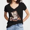 Cute Kitten Bookworm Adorable Cat With Glasses Reading Book Women's Jersey Short Sleeve Deep V-Neck Tshirt Cute Kitten Bookworm Adorable Cat With Glasses Reading Book Women's Jersey Short Sleeve Deep V-Neck Tshirt
