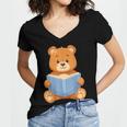 Cute Teddy Bear Reading Book Adorable For Readers Women's Jersey Short Sleeve Deep V-Neck Tshirt