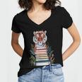 Cute Tiger With Book Floral Bookworm Librarian Book Lover Women's Jersey Short Sleeve Deep V-Neck Tshirt