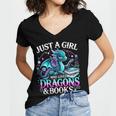 Dragon Reading Just A Girl Who Loves Dragons And Books Women's Jersey Short Sleeve Deep V-Neck Tshirt